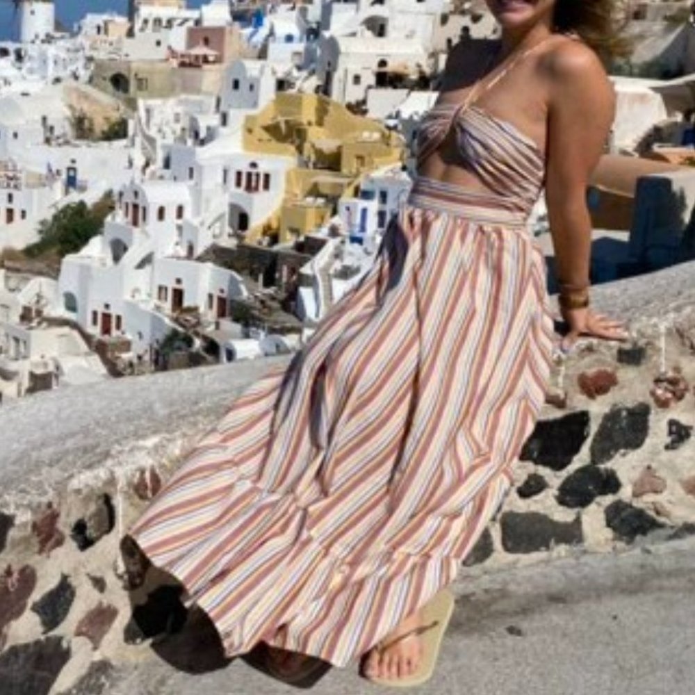 Ruffle Hem Halter Striped Print Maxi Dress - Picture 6 of 11